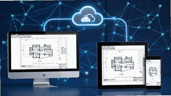 Show a cloud sync concept for CAD迷你看图, with a PC, tablet, and smartphone all displaying the same CAD drawing, connected by cloud icons, background with network lines, emphasizing the convenience of cross-device access and sharing, modern tech style
