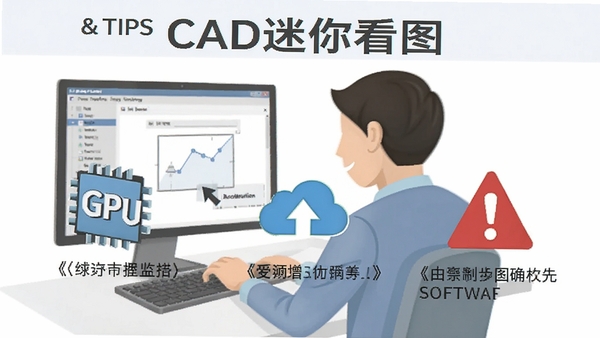 Create a troubleshooting and tips illustration for CAD迷你看图, showing a user checking system settings, with icons for GPU acceleration, cloud sync, and a warning sign for antivirus software, professional and informative style