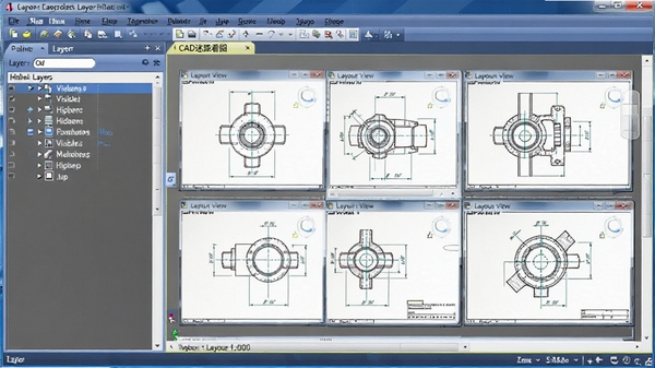 Create an image showing the layer management panel in CAD迷你看图, with multiple layers listed, some visible and some hidden, and a layout view with multiple viewports showing different parts of a mechanical drawing, interface in professional blue and gray colors