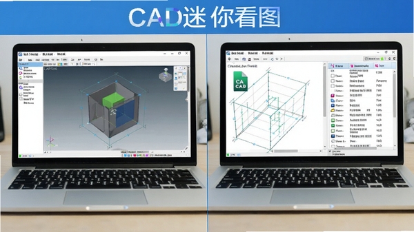 Show a split-screen comparison on a laptop, left side is a huge CAD file being opened instantly, right side shows the file information and format compatibility list, with the software name 'CAD迷你看图' displayed at the top, professional and bright interface