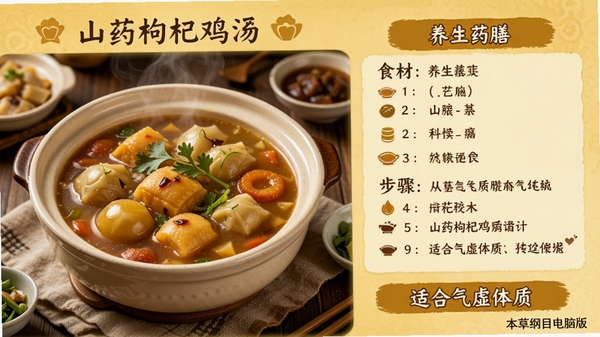 ����ҩ�Ž��棬չʾһ��ɽҩ��轼��������Ϊ��Ʒ��ʳ��Ƭ���Ҳ��г�ʳ���嵥�벽�裬�ײ���ע���ʺ��������ʡ�������ɫ��ů�ƣ�ʳ����ǿ����С����ʾ�����ݸ�Ŀ���԰桱��