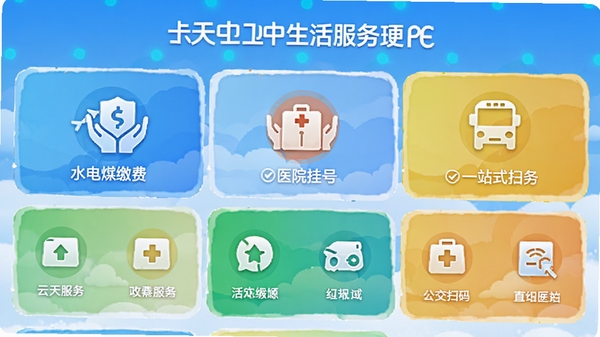 ��������APP��������ܽ��棬չʾˮ��ú�ɷѡ�ҽԺ�Һš�����ɨ���ͼ�꣬ɫ�����죬���ܷ�������������һվʽ����ı�����
