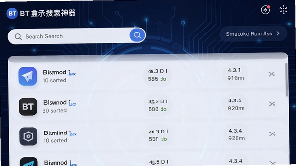 BT盒子种子搜索神器主界面截图,展示简洁的搜索框和资源列表,背景为深蓝色科技感,光线柔和,UI设计现代,图标清晰,4K高清