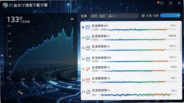 BT盒子种子搜索神器高速下载引擎界面,显示实时下载速度曲线,任务列表清晰,进度条动态更新,背景为科技光效,高清