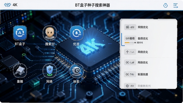 BT盒子种子搜索神器设置界面,展示网络优化选项,背景为高清技术风格,光线明亮,图标清晰,4K