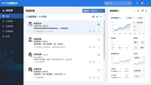99客服软件主界面截图,展示多会话管理、快捷回复栏和数据看板,界面简洁现代,蓝色主题色调