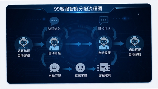 99客服智能分配流程图,展示访客进入后自动匹配客服的步骤,配以清晰图标和蓝色科技感背景