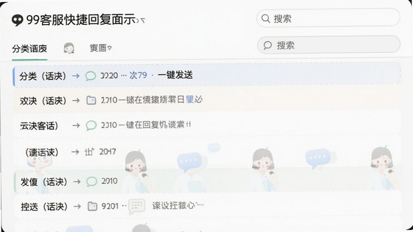 99客服快捷回复面板示意图,显示分类话术列表和搜索框,模拟客服一键发送回复的场景
