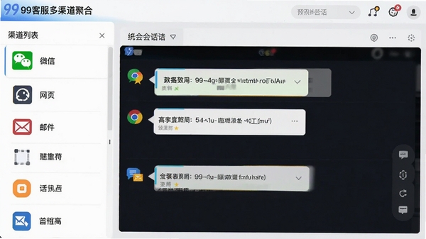 99客服多渠道聚合界面,左侧渠道列表包含微信、网页、邮件等图标,右侧统一会话窗口,界面整洁