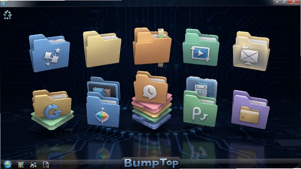 ����3D����BumpTop�����������ͼ��չʾ3D�������棬�ļ������ѵ�������Ϊ��ɫ�Ƽ��У�ͼ��������ɫ�����ޣ�������ͣ�������Ⱦ