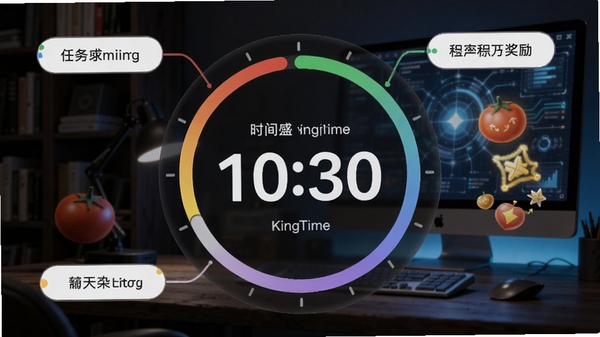 时间专家KingTime番茄钟计时界面,大圆形倒计时圆环,周围有任务标签和积分奖励动画,背景为深色书房,电脑屏幕发光,科技感