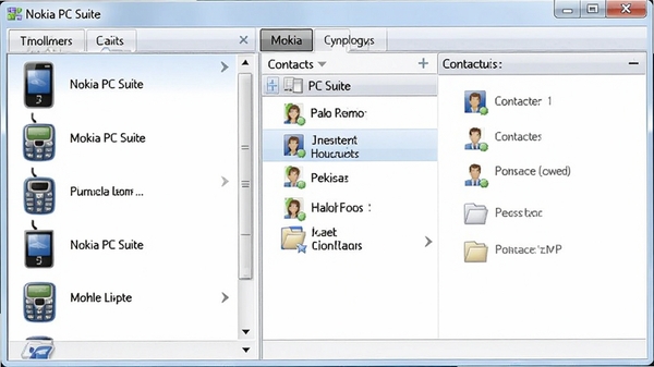 Nokia PC Suite��ϵ��ͬ�����棬������ֻ��豸�б����ұ��ǵ��Զ���ϵ�˷��飬�����࣬ͼ��������ɫ�����