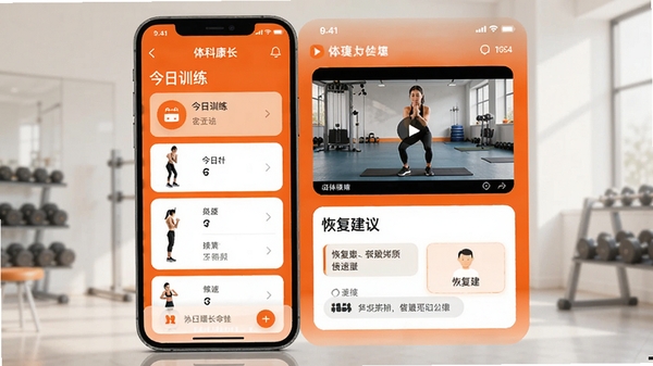 ��ƿ���APP��չʾ���Ի��˶��ƻ��Ľ��棬���Ϊ�����б����Ҳ�Ϊ����ʾ����Ƶ����ͼ������UI�Ի�����ɫΪ��ɫ������ʾ������ѵ�����롰�ָ����顱ģ�顣