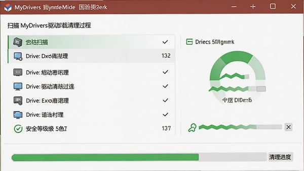 MyDrivers驱动卸载清理过程,显示扫描到的驱动列表和清理进度,界面红绿配色提示安全等级,风格清爽