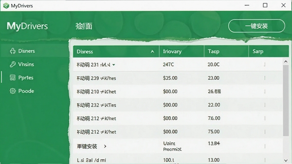 MyDrivers软件界面截图,展示驱动检测结果列表,界面清晰简洁,绿色主色调,突出“一键安装”按钮