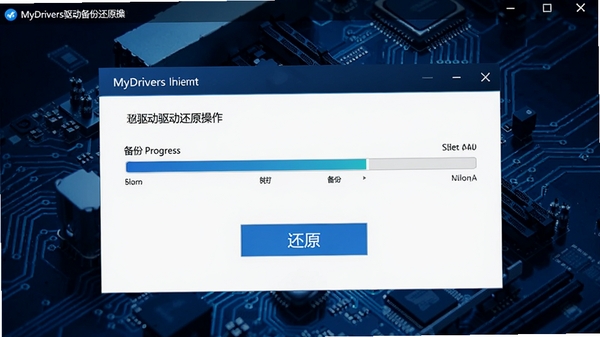 MyDrivers驱动备份还原操作界面,显示备份进度条和还原按钮,背景为电脑主板电路图,蓝色科技风格