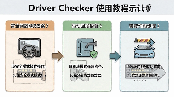 Driver Checkerʹ�ý̳�ʾ��ͼ��չʾ�����������������簲ȫģʽ�����������ع����裬��������˵��ͼ��