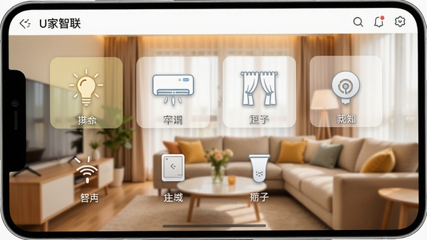 һ���ִ���Լ�������ܼҾӿ��ƽ����ͼ��չʾU������APP��ҳ�棬�����ƹ⡢�յ����������豸ͼ�꣬����Ϊ��ܰ�Ŀ���������ɫ����������