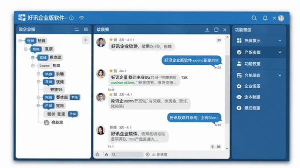 好讯企业版软件主界面展示,左侧组织架构树,中间聊天窗口,右侧功能面板,整体风格简洁商务蓝