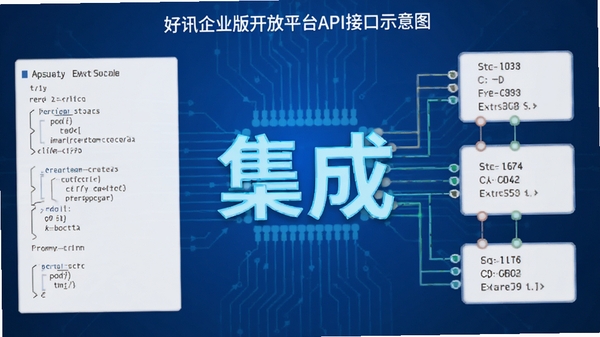 好讯企业版开放平台API接口示意图,代码与模块连接,背景技术蓝,词语“集成”突出