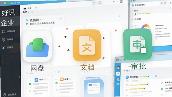 好讯企业版办公工具集界面,展示网盘、文档、审批图标,多个窗口平铺,色彩明亮