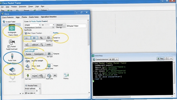 һ��չʾCisco Packet Tracerʵ����������ͼƬ�������豸���ô��ں������н��棬������ʾ����������ť�Ϳ�ݼ���ʾ