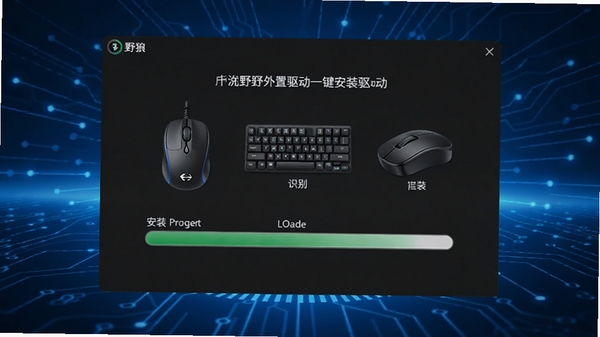 野狼外置驱动一键安装驱动界面,显示识别到的鼠标键盘设备,安装进度条正在加载,背景为蓝色科技光效