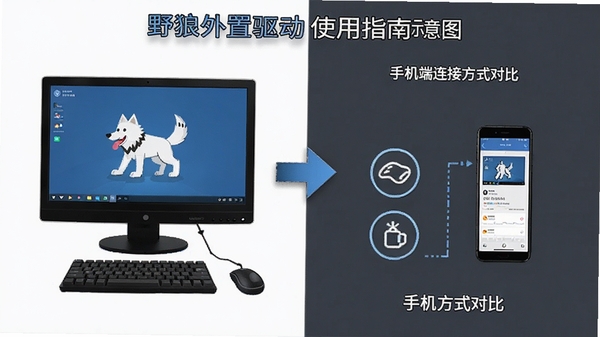 野狼外置驱动使用指南示意图,包含电脑端与手机端连接方式对比,图标化展示步骤