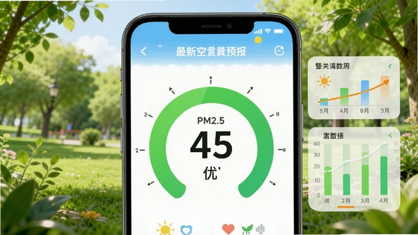 ��������Ԥ��App��������ҳ�棬��ʾPM2.5ָ��Ϊ45���š�������ɫ�����Ǳ��̣����������µĹ�԰��ֲ��������ã����ݿ��ӻ�ͼ��
