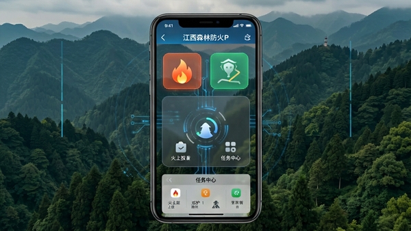 һ���ֻ���Ļչʾ����ɭ�ַ���APP�����棬������ï�ܵ�ɽ�֣������л����ϱ���Ѳ��·�ߡ��������ĵ�ģ��ͼ�꣬��������������пƼ��С�