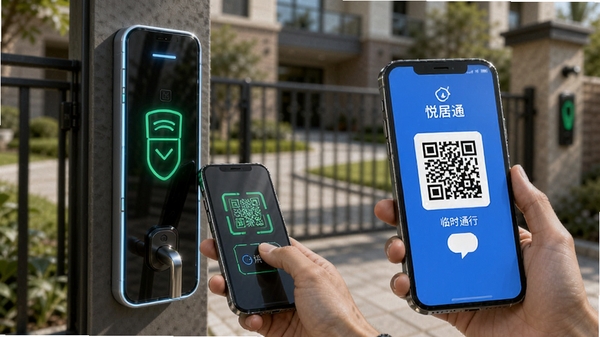悦居通APP智能门禁功能场景,居民在小区门口使用手机扫码开门,同时远程向访客发送临时通行二维码的示意图,画风写实,突出科技感与安全便捷,画面包含手机特写与背景虚化的小区大门