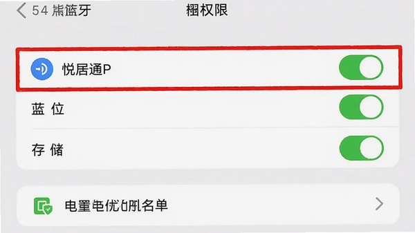 手机设置界面中应用权限管理页面,突出显示悦居通APP的蓝牙、定位、存储权限开启状态,以及电池优化白名单设置,画面干净整洁,用红色框线标出关键设置项