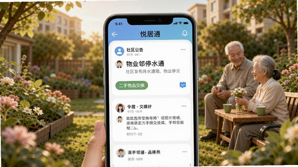 悦居通APP社区公告与邻里论坛界面,屏幕上显示物业发布的停水通知和邻居发布的二手物品交换帖,背景是温馨的社区花园,整体色调柔和,体现和谐邻里关系