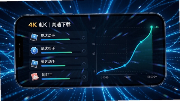 爱达帮手高速下载界面,显示多条任务同时下载,速度曲线图飙升,背景为科技感蓝色光线,手机屏幕内展示文件进度条,视觉冲击力强,4K高清