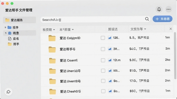爱达帮手文件管理界面,展示分类文件夹,文件列表整齐,有搜索框和排序按钮,背景为浅灰色,UI简洁,直观,高清