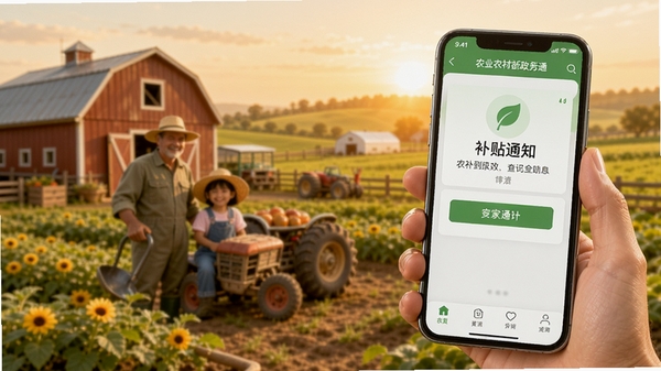 手机用户正在使用农业农村部政务通APP查询补贴信息,屏幕上显示补贴到账通知,背景是温馨的家庭农场场景,画面温暖,体现科技助农的便利性。