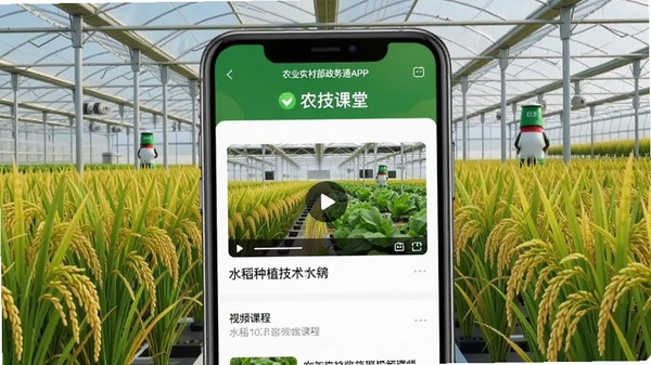 农业农村部政务通APP农技课堂页面,展示水稻种植技术视频课程,界面包含视频缩略图和标题,背景是现代化的农业大棚,色调以绿色和金色为主。