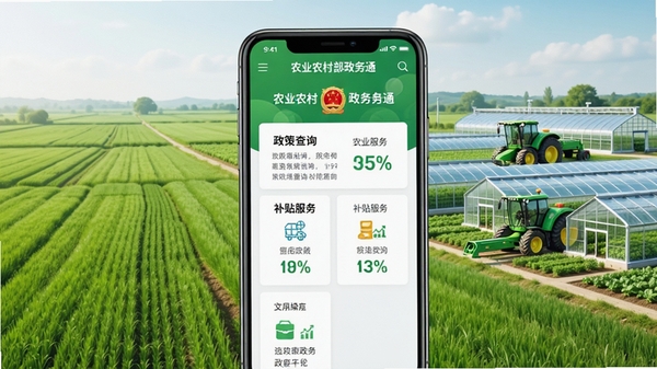 农业农村部政务通手机APP界面展示,包含政策查询、补贴服务等模块,背景为绿色田野和现代化农业设施,风格简洁明亮,突出官方、权威、便捷的移动政务服务平台形象。