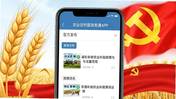 农业农村部政务通APP政策资讯列表页面,展示最新的农业补贴政策与法规,界面清晰,分类明确,手机屏幕上方有“官方发布”字样,背景为麦穗与党旗元素。
