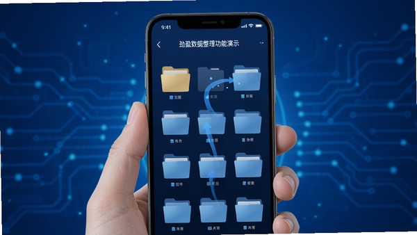劲盈数据整理功能演示,手机屏幕显示文件自动分类动画,文件夹图标整齐排列,背景为科技蓝