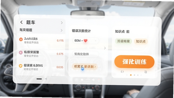 驾考学车APP错题本界面,展示错题列表、错误次数统计、知识点标签,背景柔和,卡片式布局,重点突出“强化训练”按钮,画面友好,适合教学场景展示。