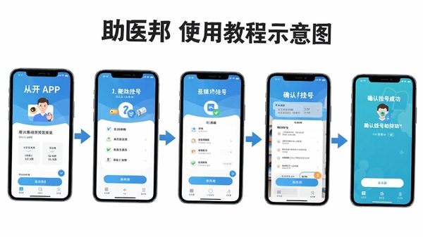 ��ҽ��ʹ�ý̳�ʾ��ͼ��չʾ�ֻ��˹Һ����̵Ĳ���ֽ�ͼ���Ӵ�APP��ȷ�ϹҺųɹ���ҳ����ת�����Լ��ļ�ͷָ����
