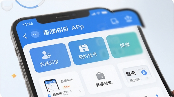 ��ҽ��APP����չʾͼ��չʾ��ҳ���������ԤԼ�Һš�������Ѷ�Ⱥ��Ĺ���ģ�飬������ִ�������ɫ�Ͱ�ɫΪ��ɫ����ͻ��רҵ�������С�