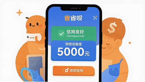 省呗APP额度评估页面插画,显示信用良好,预授信额度50000元,放款速度极快,画面风格扁平化,蓝色和橙色搭配