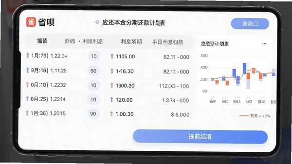 省呗APP分期还款计划表,展示每期应还本金与利息明细,支持提前结清按钮,界面清晰,数据图表化展示