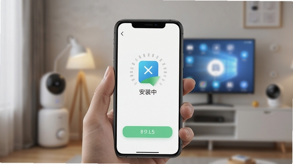 一张展示手机安装APP过程的图片,界面提示“安装中”,背景是模糊的智能家居环境,突出安装步骤的顺畅与安全。