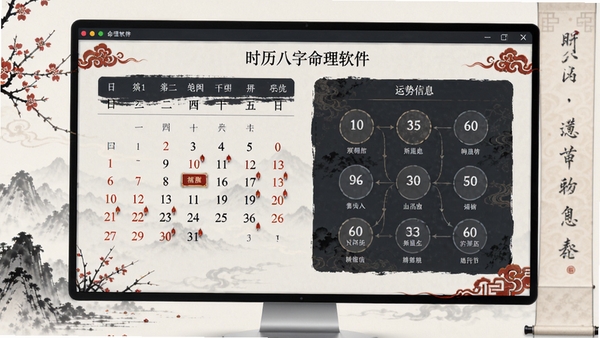 时历八字命理软件主界面,展示日历与运势信息,风格简约现代,结合传统中国风元素,高清渲染