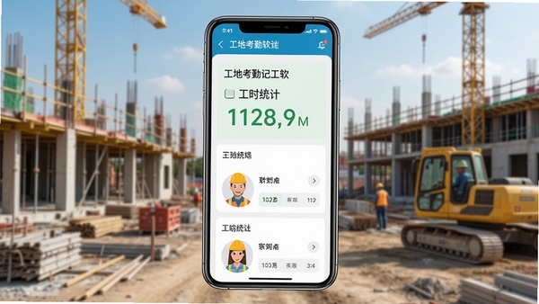 工地考勤记工软件主界面截图,展示考勤打卡与工时统计功能,界面清晰简洁,背景为建筑工地场景,手机屏幕居中显示,UI设计现代,色彩明快,突出考勤数据与工人头像,整体风格写实且专业。