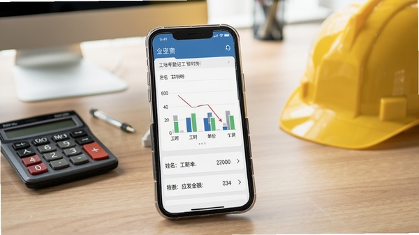 工地考勤记工智能记工与工资核算功能展示,手机屏幕上显示工时统计图表与工资明细列表,包含姓名、工时、单价、应发金额等字段,背景为办公室桌面,计算器与安全帽元素,画面清晰专业。