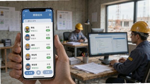 工地考勤记工班组长协同管理功能展示,班组长手机界面显示审批列表与通知发布,背景为工地办公室,工人头像与审批状态清晰可见,画面写实。